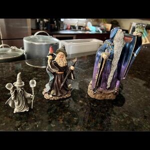 Three Set of 3 1980's Wizard Figurine Set with Purple & Silver Accent 4"-12" GUC